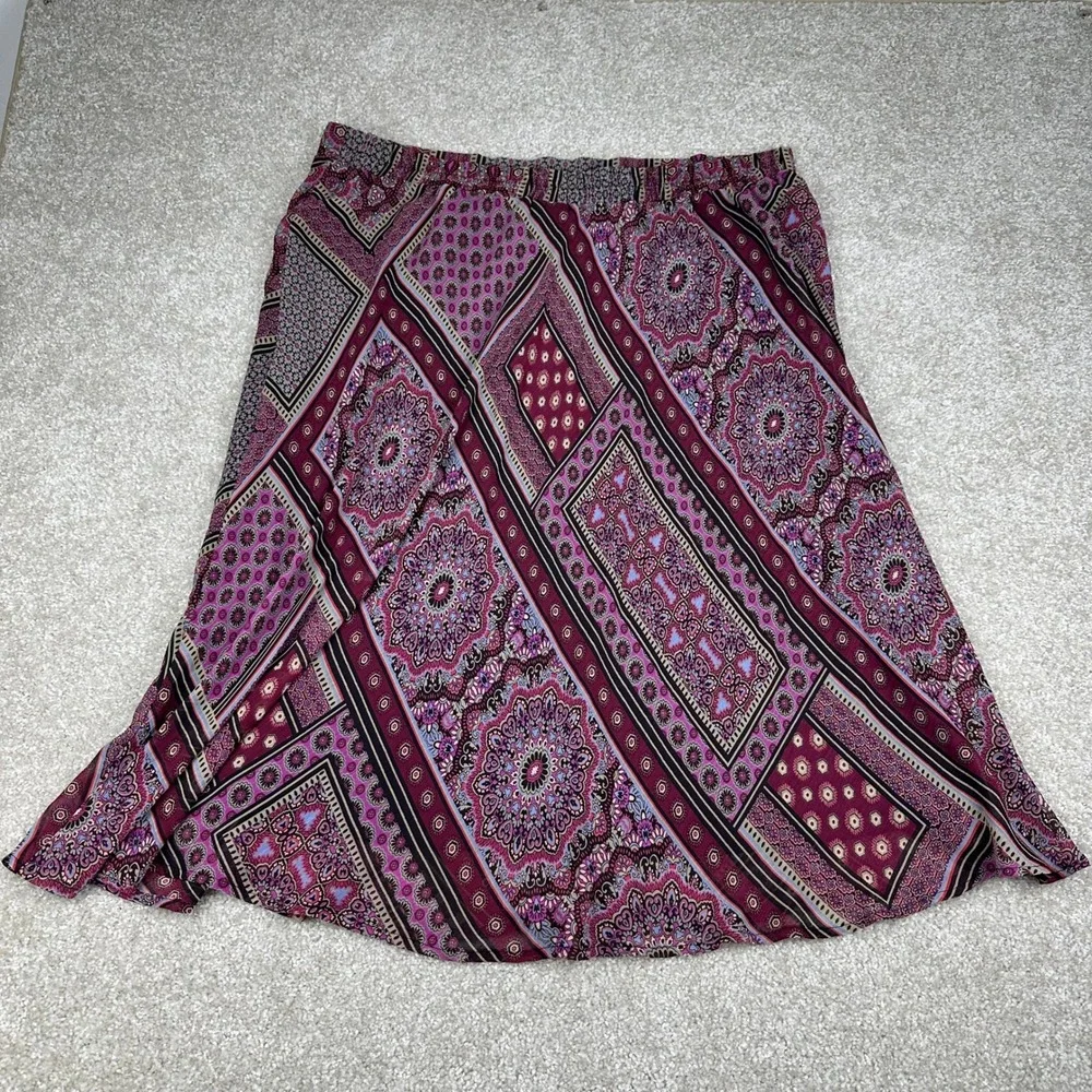 Westport Plus Size 2X Midi Skirt Boho Patchwork Mandala Purple Maroon Festival